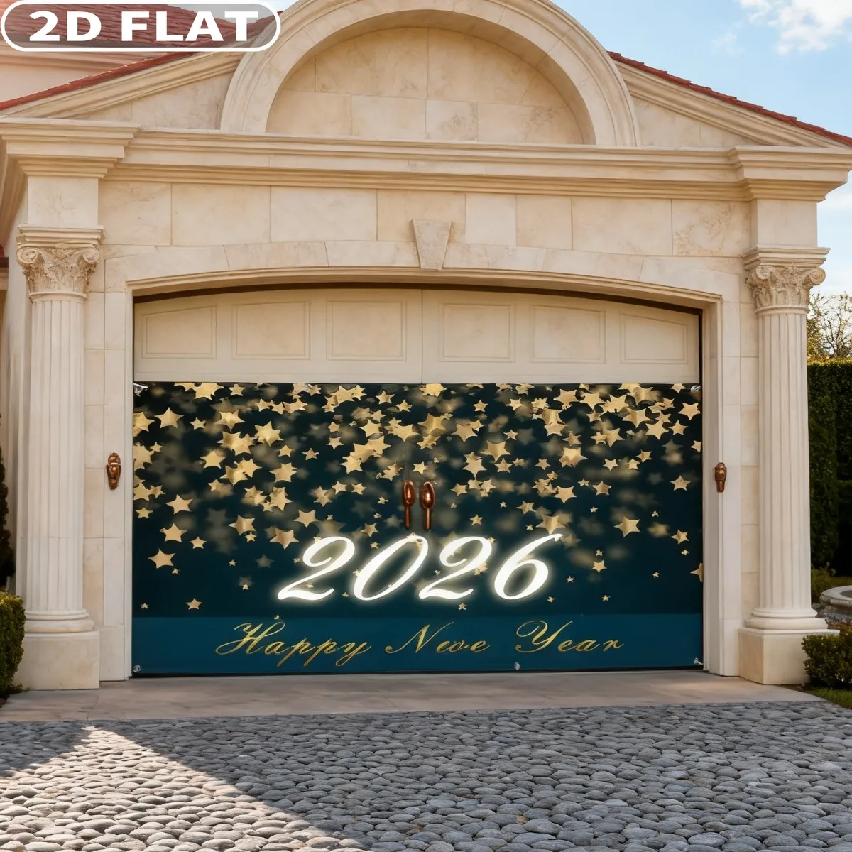 

2D FLAT 1pc 6x13ft New Year 2026 Garage Door Banner, Golden Classical Clock Champagne Glasses Sparkling Design Garage Door Cover