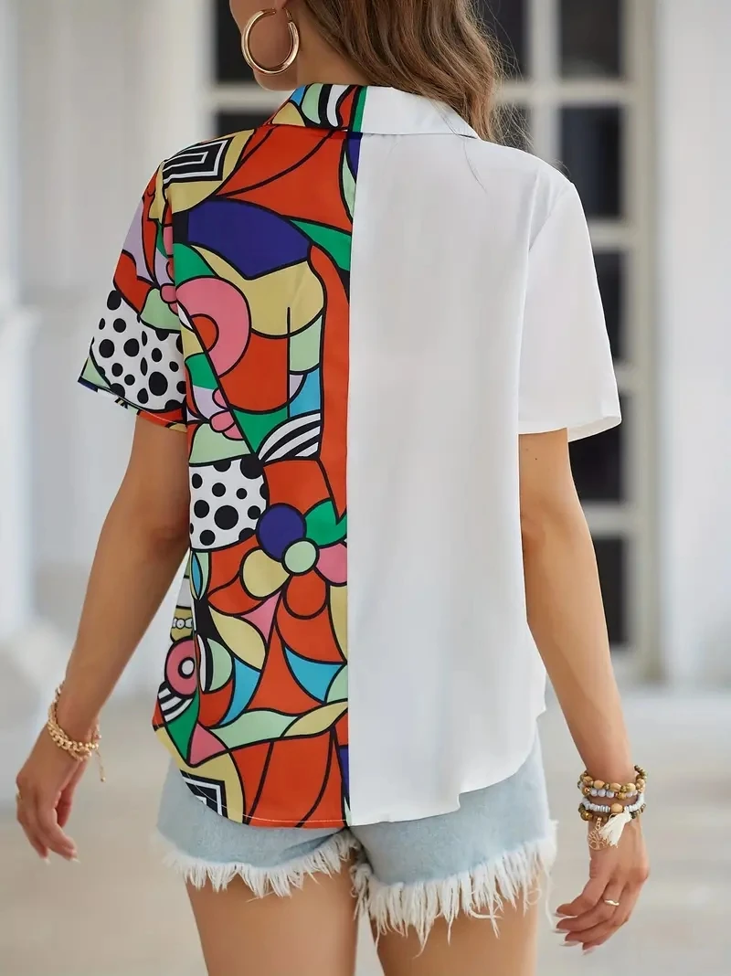 Fashion Women\'s Shirts & Blouses,Abstract Geometry Print Patchwork Button Shirt,2024 Spring & Summer Female Clothing Blouse Tops