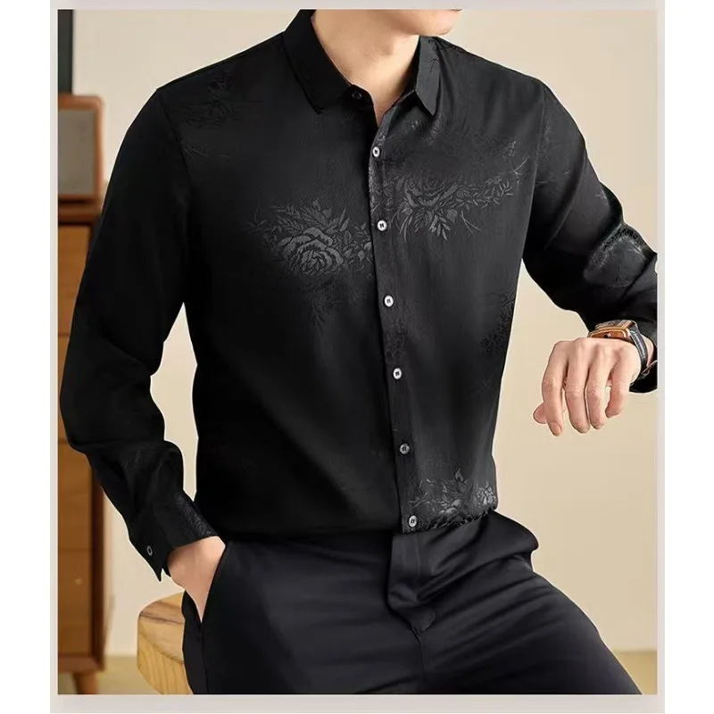 

Plus Size Middle Aged Men Wrinkle Free Floral Jacquard Turn Down Collar Long Sleeve Luxury Style Casual Dress Shirts S-5XL