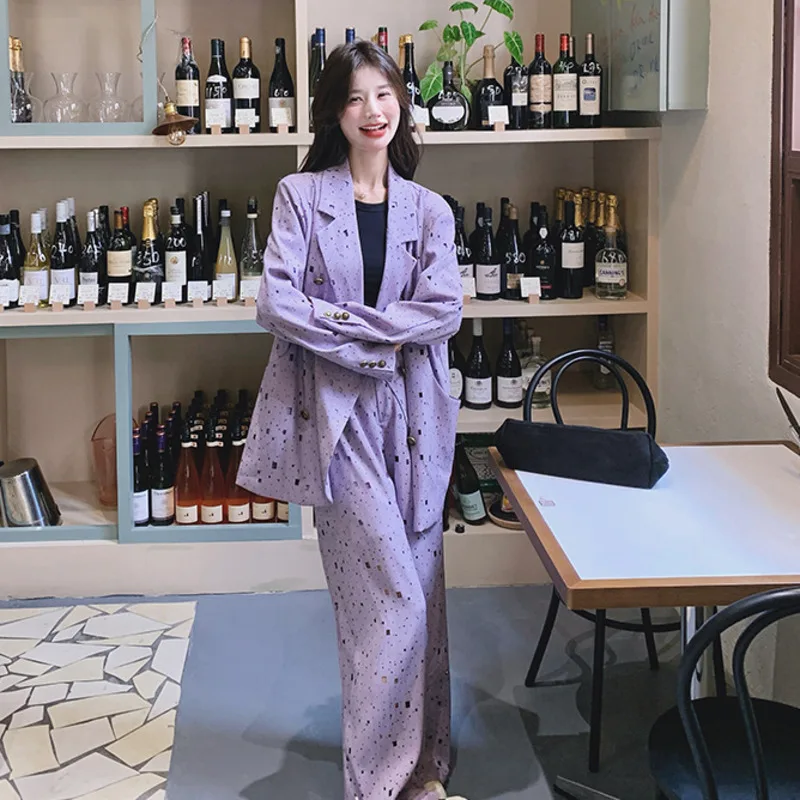 EAEOVNI Lila 2025, Herbst Neue Zwei Stück Set Frauen Mode Kontrast Farbe Design Blazer Mantel + Breite Bein Lange Hosen kleidung