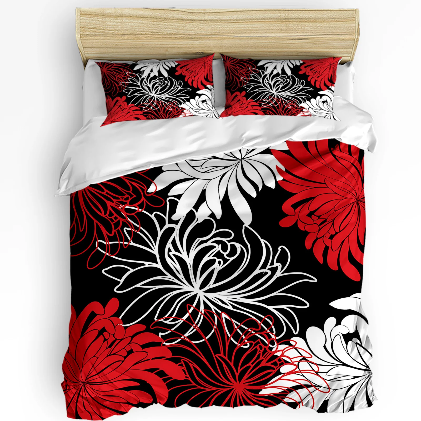 

Flower Red White Black Chrysanthemum 3pcs Bedding Set For Double Bed Home Textile Duvet Cover Quilt Cover Pillowcase