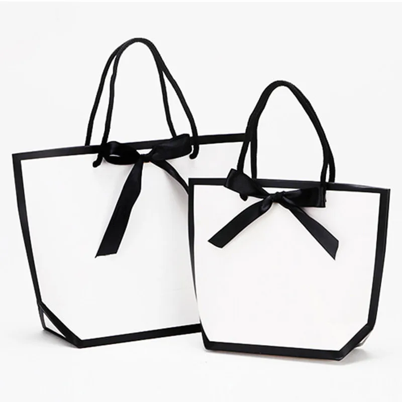 10Pcs White Cardboard Paper Box With Black Ribbon Shopping Bag Packaging Boxes Handbag Lunch Bag Food Container Gifts Bags