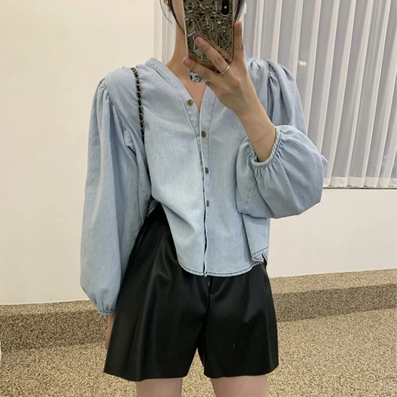 

Chic Retro V-Ne Stitching Design Bubble Sve ort Denim irt Women's Top Single Button Front Loose Fit Summer Faion