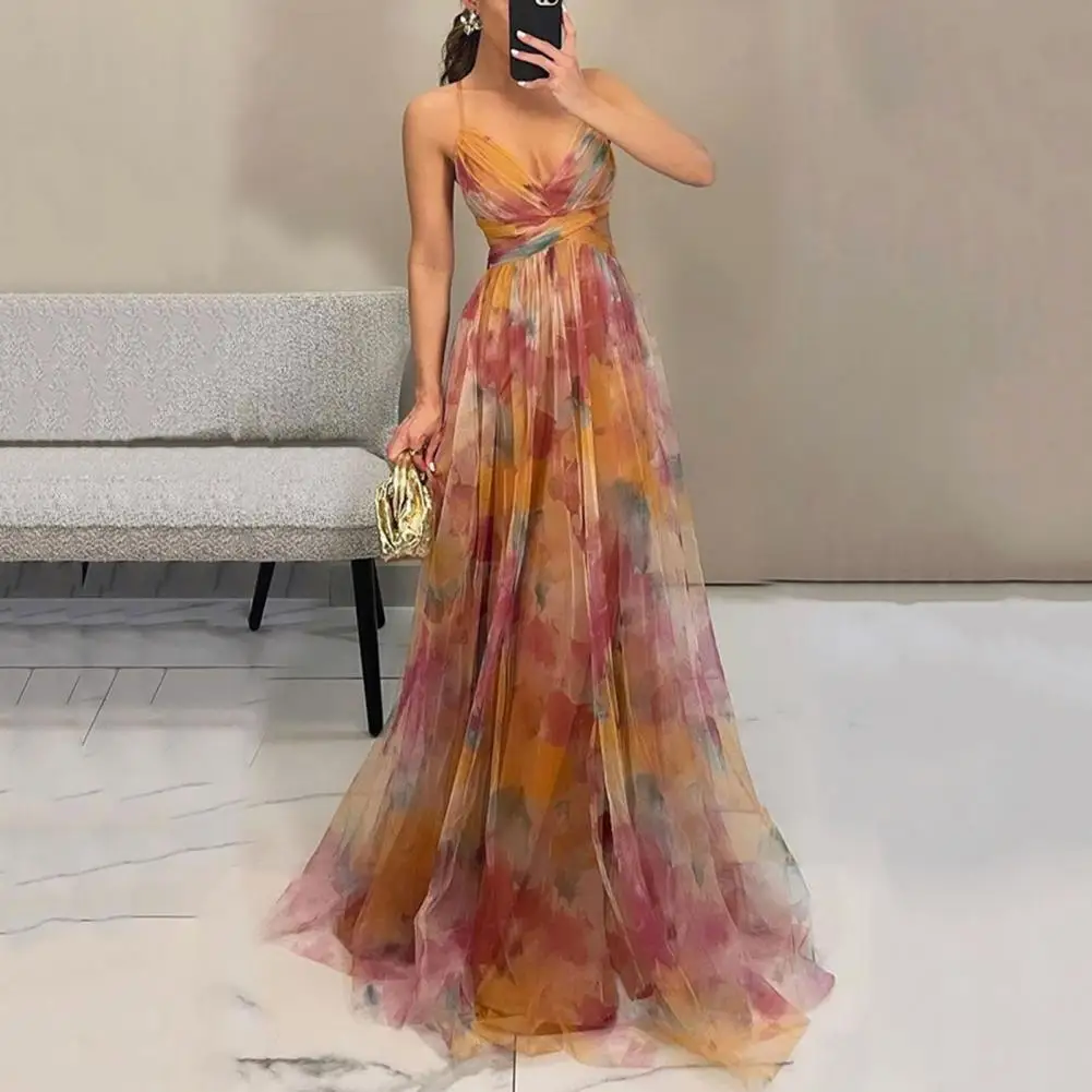 

Prom Long Dress Elegant Mesh Printed Evening Dress with Spaghetti Straps Pleated A-line Silhouette Women's Floor for Special