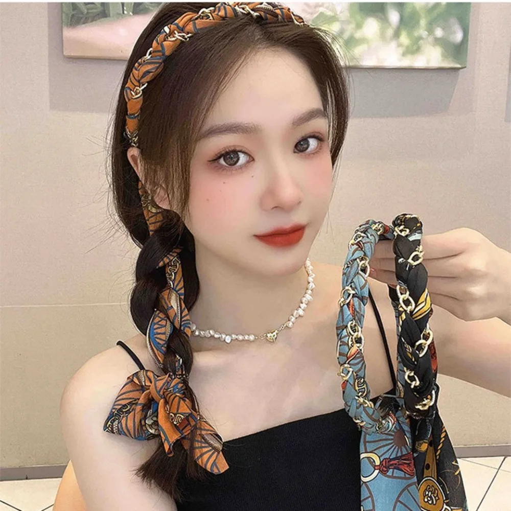 

Fashion Retro Silk Scarf Headband Adjustable Bow Pearl Ribbon Hairband Long Non Slip Hair Bands Boho Hair Accessory