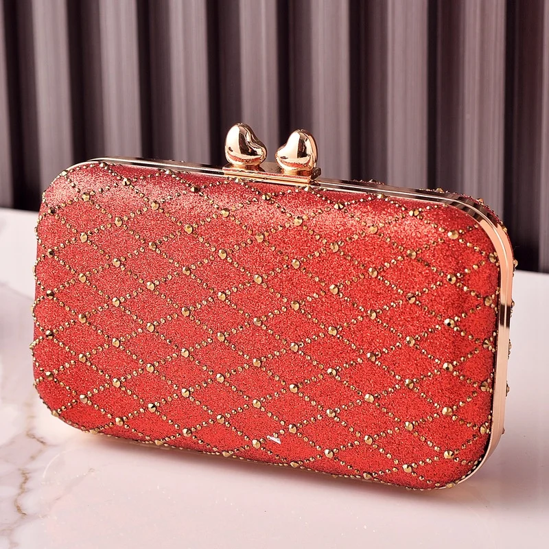 Elegant Hot Pink Glitter Clutch Women's Gold Beaded Pattern Heart Closure Evening Bags for Weddings Prom Formal Party Purse - view 3