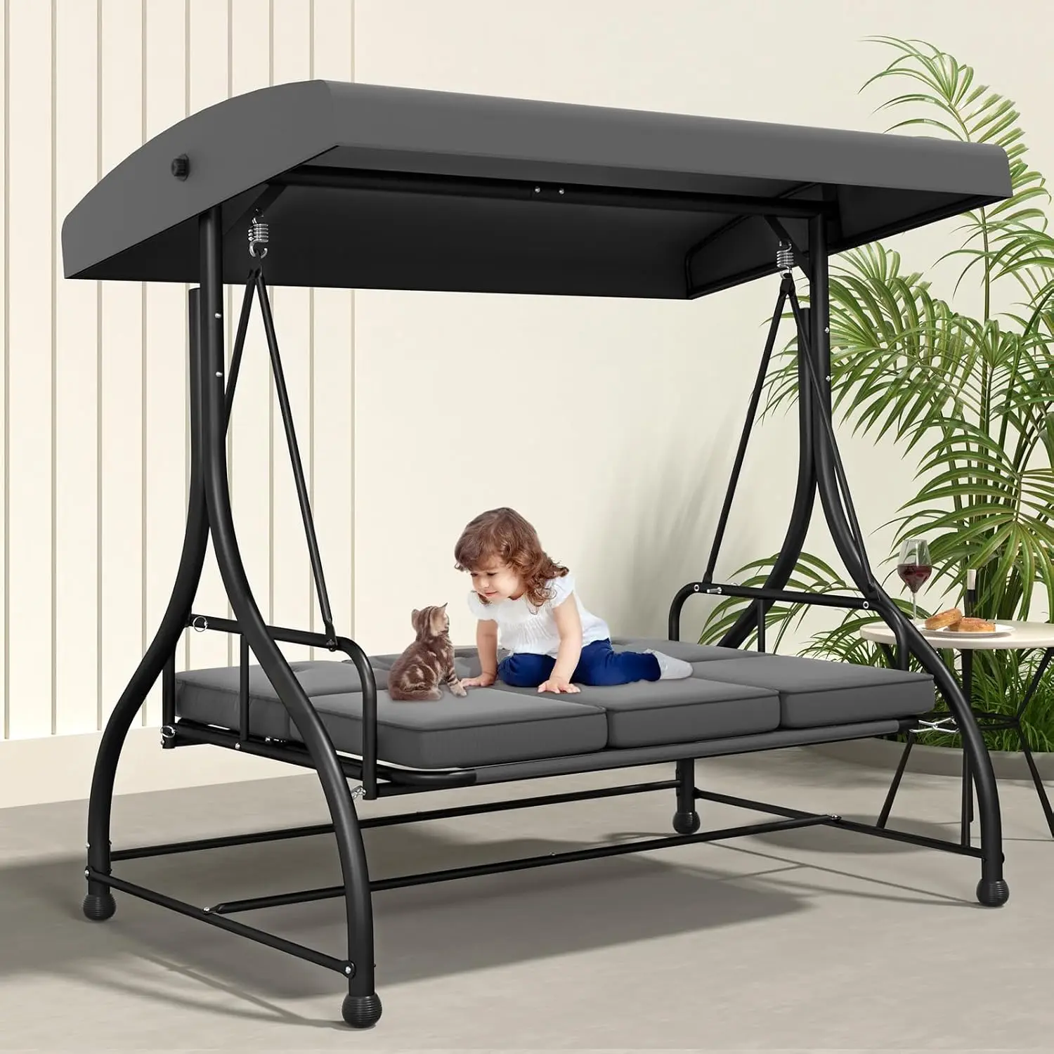 3-Seat Outdoor Porch Swing Glider with Adjustable Canopy, Patio Swings Bed with Removable Cushion for Porch,Customized
