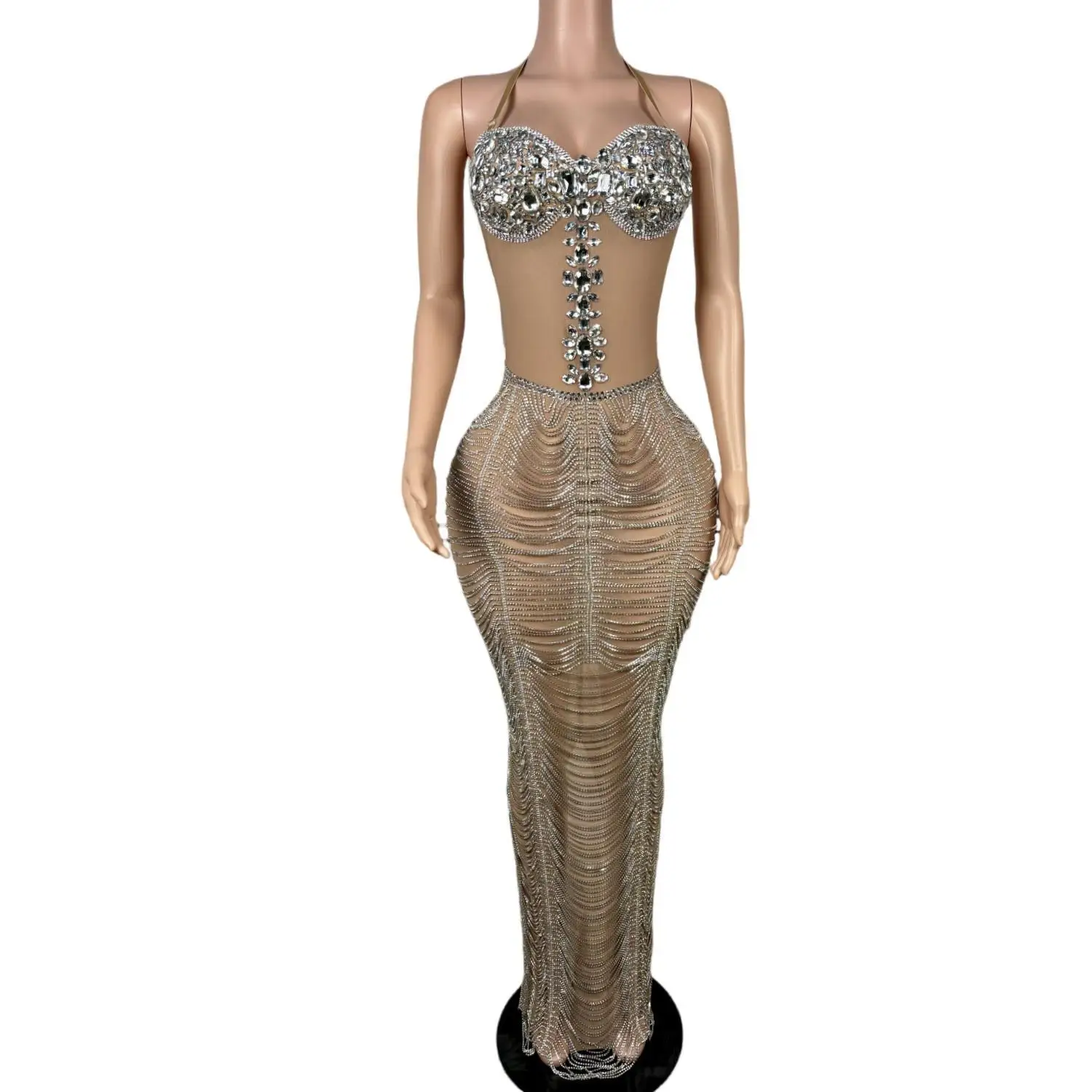 

Luxury Dinners Tight Ball Dress New Year Weding Party Formal Backless Gown Club Fancy Birthday Sexy Glitter Crystals Chains Maxi