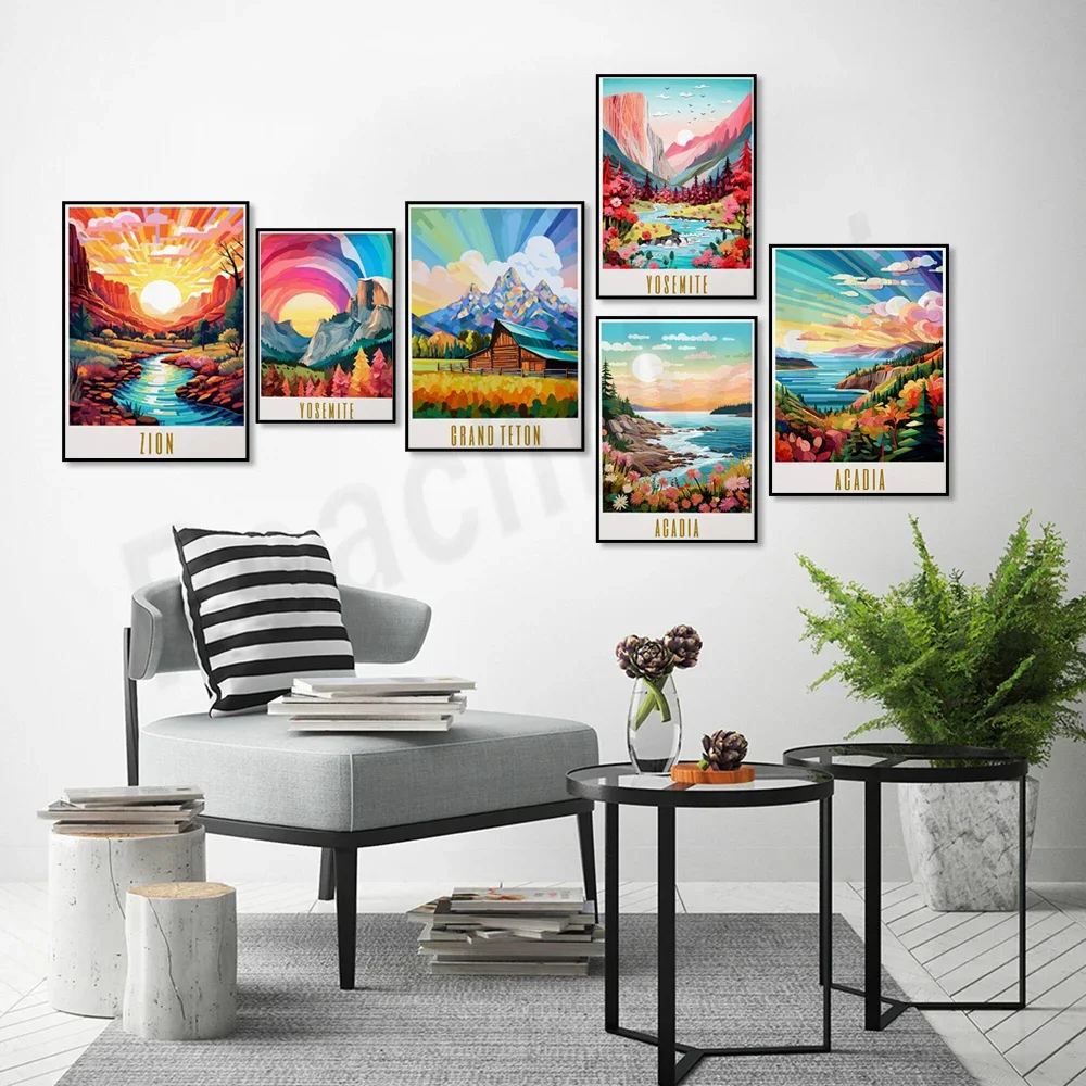 Yellowstone, Zion, Yosemite, Acadia, Grand Teton National Park poster landscape vibrant artwork hiker present,