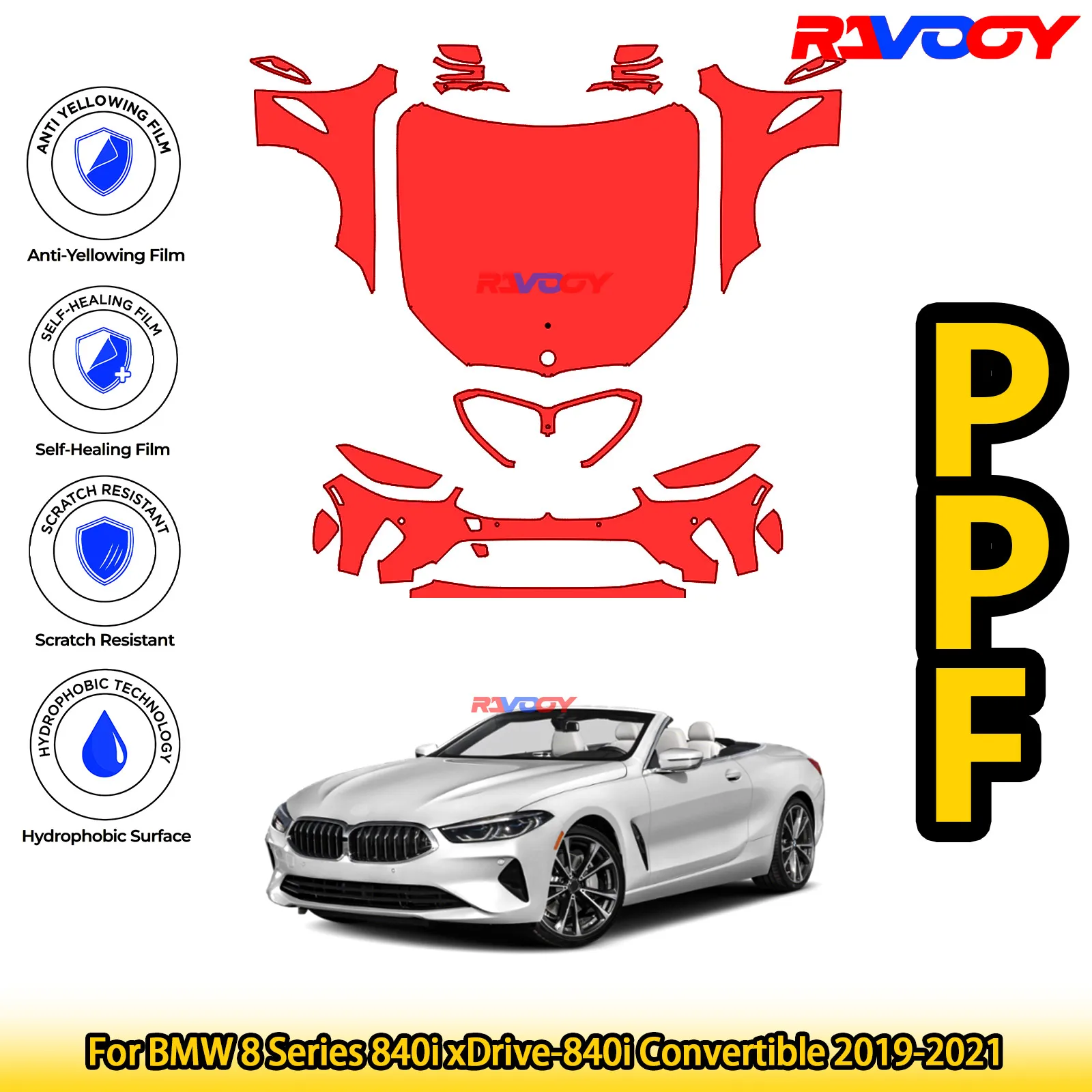 

For BMW 8 Series 840i xDrive-840i Convertible 2019-2021 Glossy Matte Black Precut front PPF Kit Paint Protection Film