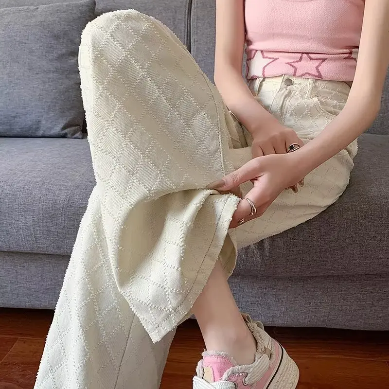 

Wide-leg Jeans for Women Spring Autumn Winter2024New Style Thin Jacquard Apricot Slimming Design Straight Pants