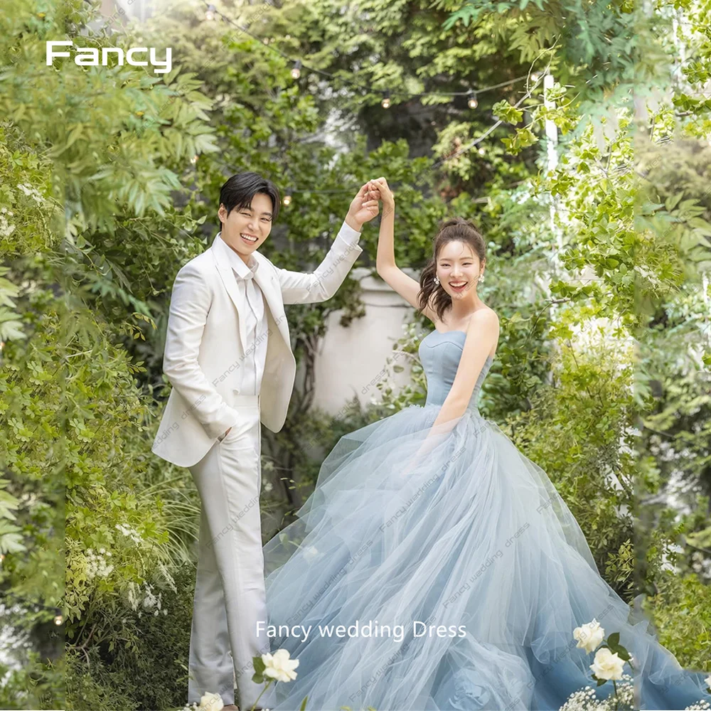 

Fancy Fairy Light Blue Korea Wedding Dress A Line Floor Length Sleeveless Bridal Gown Strapless Birthday Party Dresses