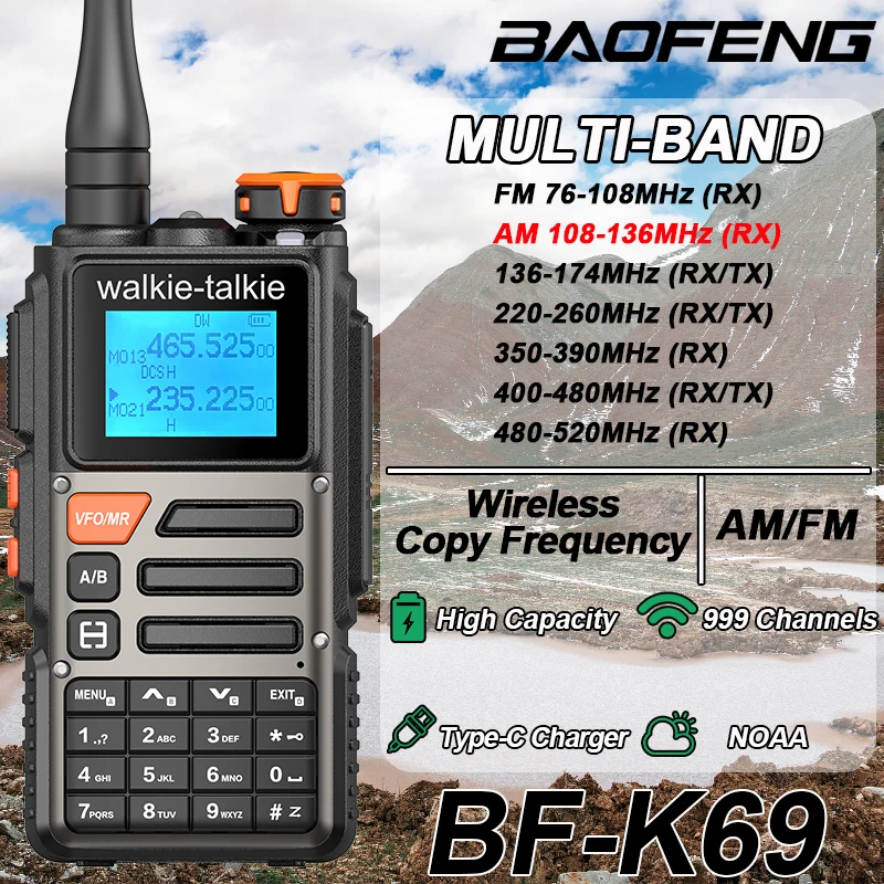 Baofeng BF-K69 Walkie Talkie Multi Band Wireless Copy Frequency 999CH Type-C AM FM DTMF NOAA Portable K6 Series 2 Way Ham Radios