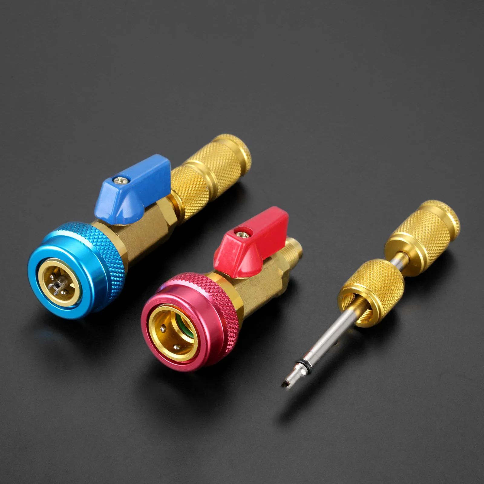 R134A AC Valve Core Remover Installer Tool Brass Ball Valve 13mm Blue Low Side 16mm Red High Side Refrigerant Service Tool