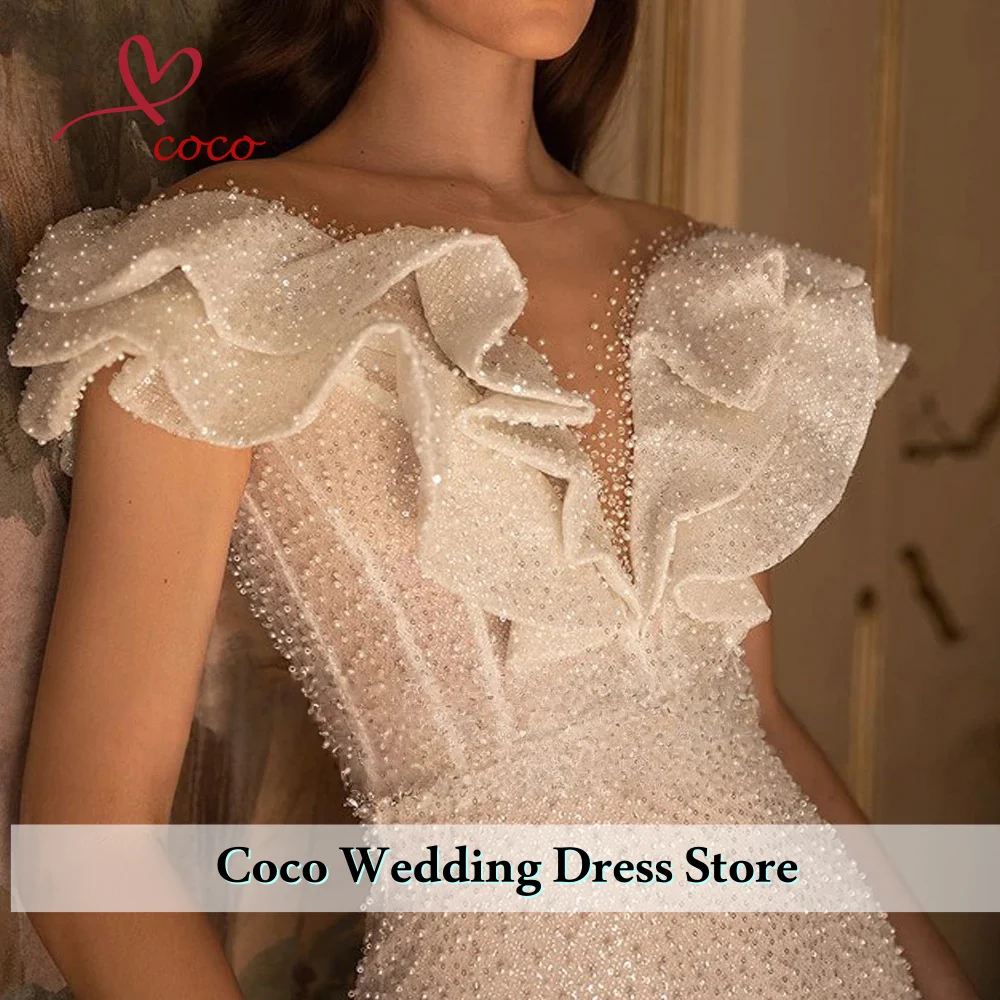 맞춤형 럭셔리 머메이드 웨딩 드레스 보석 짧은 소매 신부 드레스 비즈 장식 레이스 스윕 트레인 웨딩 드레스