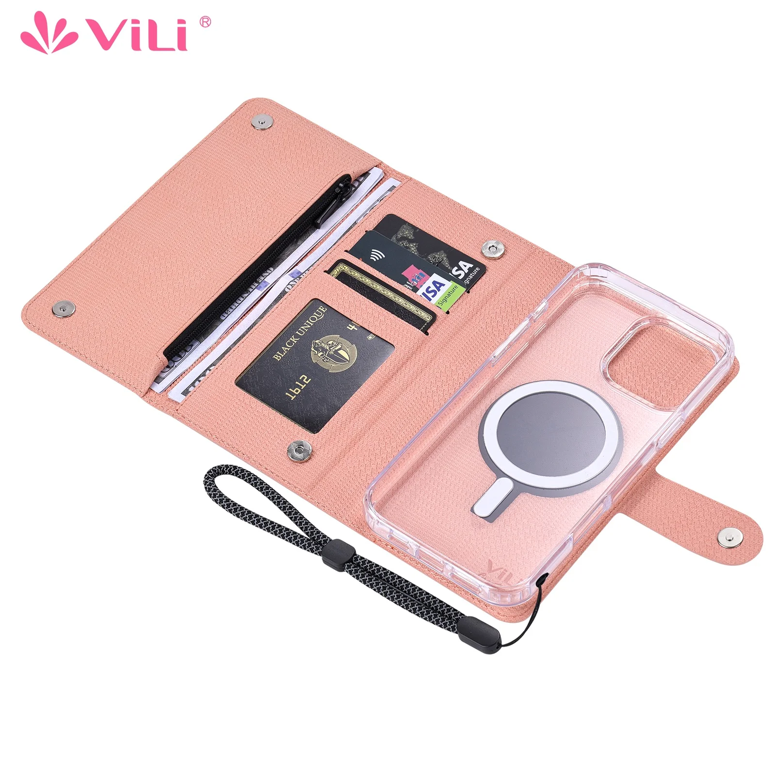 Clear MagSafe case for iPhone 16 15 14 Plus 13 Pro Max ViLi Magnetic Wireless Charging Zipper wallet (RFID Blocking) cardholder