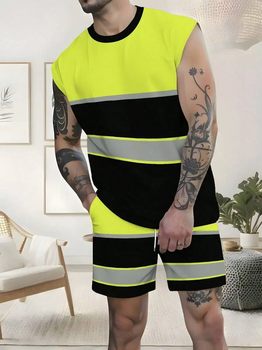 Men’s Sleeveless Neon Yellow And Black Reflective Stripe Matching Tank Top With Shorts For Summer Outdoor Wear