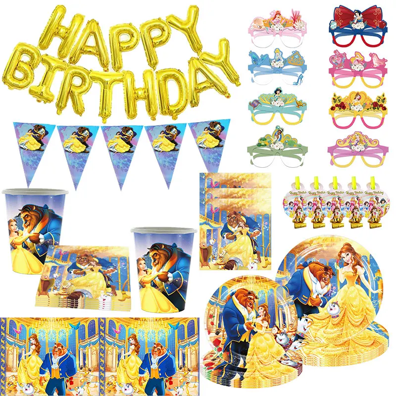 Disney Beauty And The Beast Birthday Decorations Belle Princess Birthday Party Supplies Balloon Backdrop Banner Tableware Kit