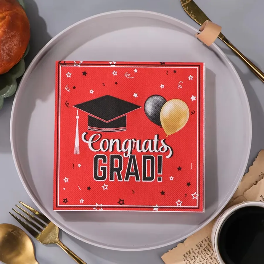 20pcs/Pac 33*33cm 2-Ply Graduation Party Decorations Square Napkins Doctor's Hat Black Gold Red Bottom Napkins Paper Placemats