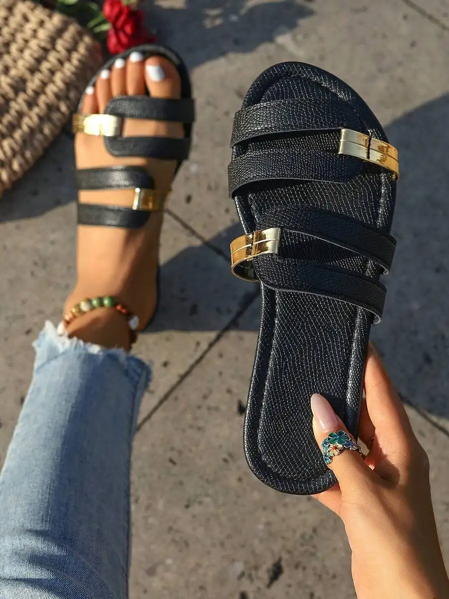 

Womens Spring Summer Slip-On Square Toe Flat Non-Slip Black Strappy Sandals With Metal Buckle