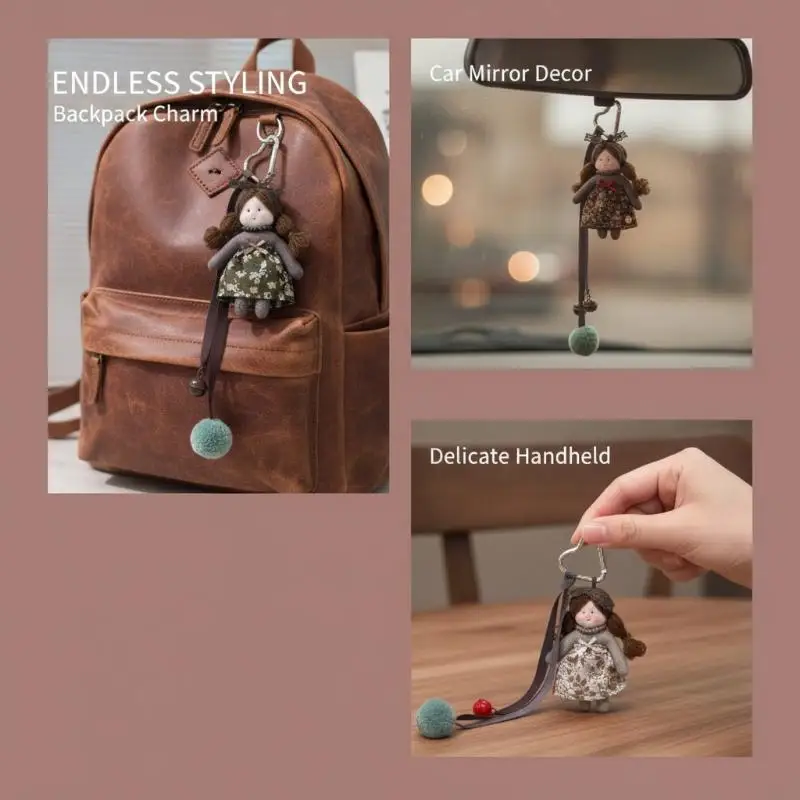 Niedlicher Schlüsselanhänger mit langhaariger Puppe, flauschigem Pompon und Blumenkleid-Anhänger für Teenager-Mädchen, Rucksack- und Handtaschen-Accessoire – Detail 1