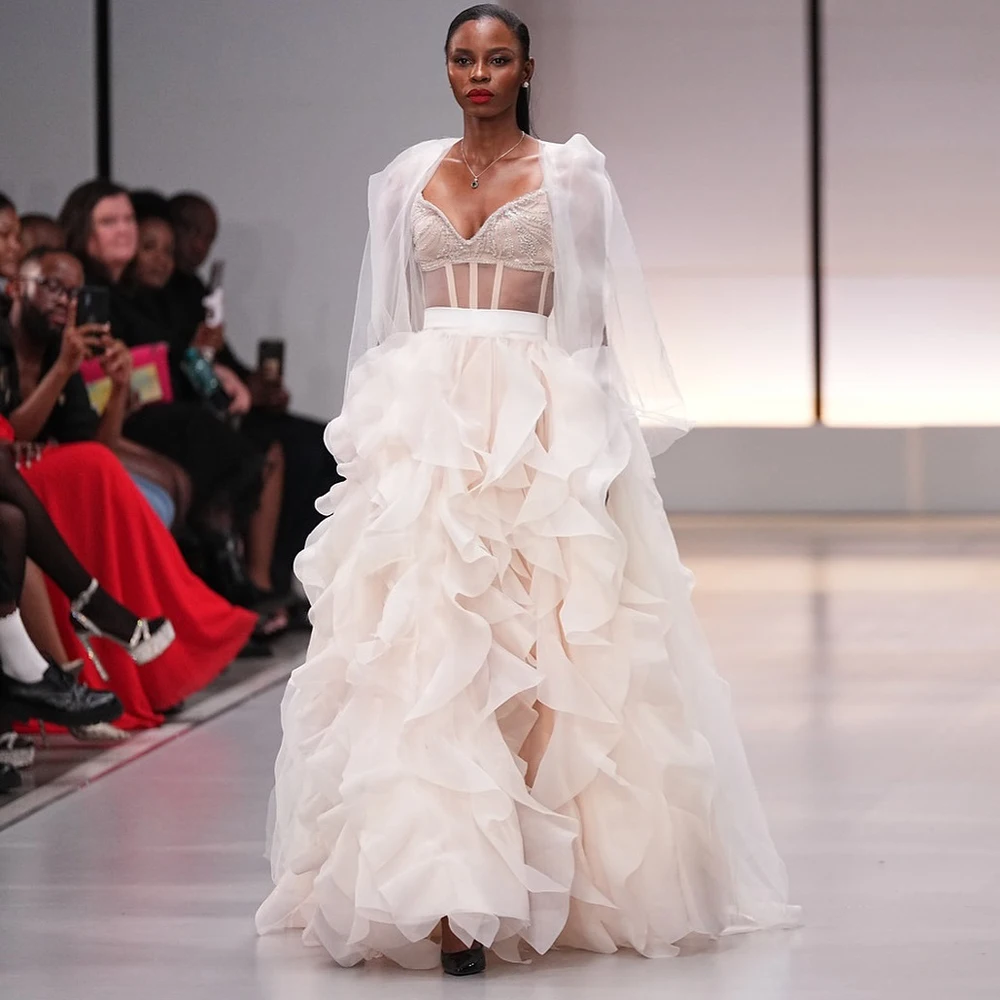 

Роскошная свадебная юбка из органзы с оборками и высокой талией, тюлевая макси-юбка с рюшами для свадебной фотосессии, женские вечерние юбки на заказ