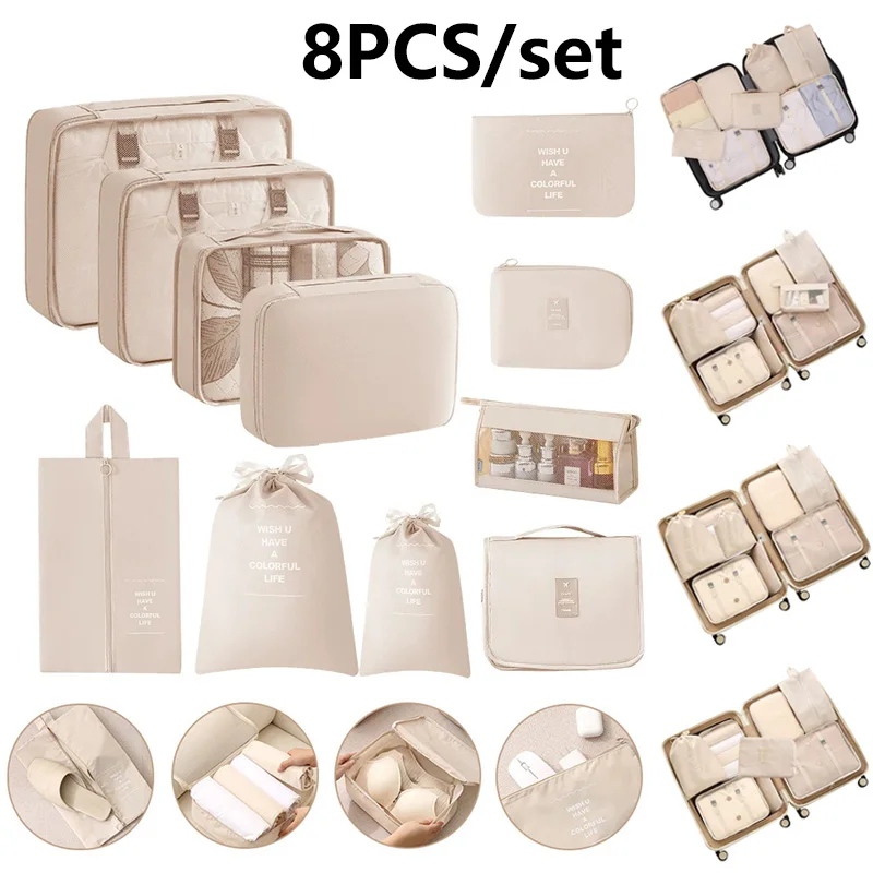8Pcs Travel Packing Cubes Set Waterproof Luggage Organizer with Drawstring Storage Pouches for Clothes Shoes Underwear Cosmetics
