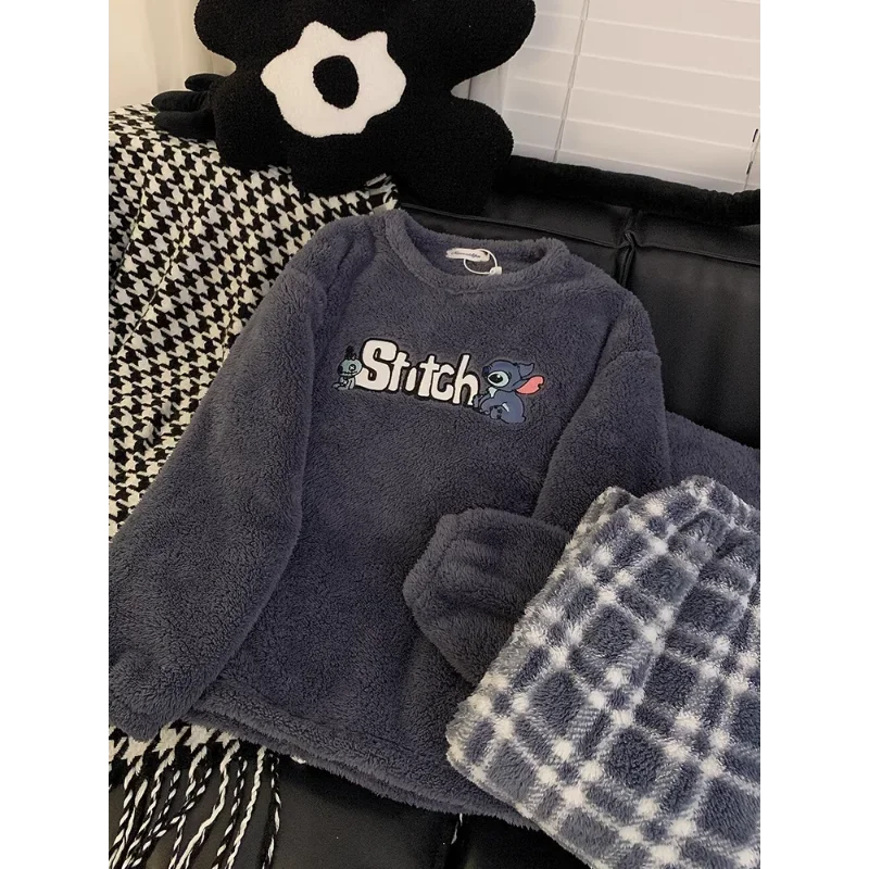 Cartoon Stitch couple pajamas set winter plush long-sleeved trousers two-piece set men\'s/women\'s loungewear women\'s pajamas