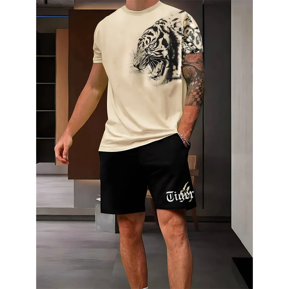 Men's new3D Short sleeved shorts Summer fashion Lion King Short sleeved shorts set 2 piece street meeting outfit