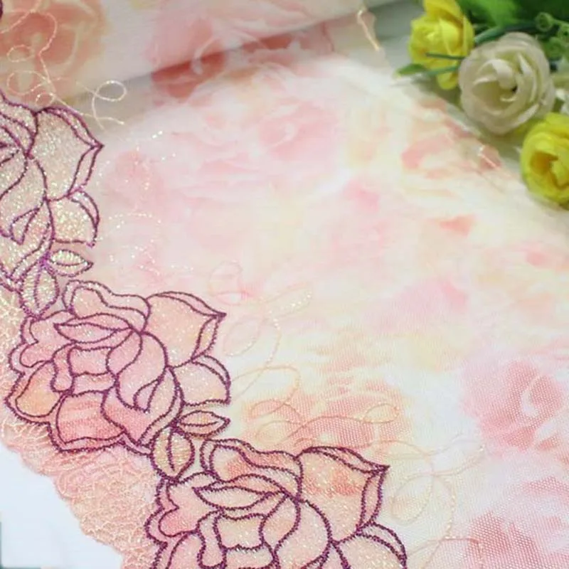 28Yds Fashion Embroidered Tulle Lace Trim DIY Dress Sewing Craft Pink Floral Mesh Embroidery Lace for Needle Work