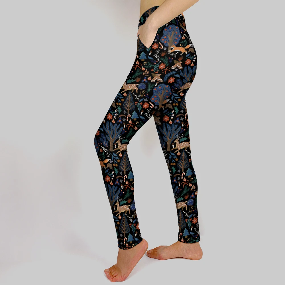 LETSFIND 3D Deer and Foxes In The Forest Digital Printing High Waist Pockets Pants Fitness Women Inside Pockets Sexy Leggings