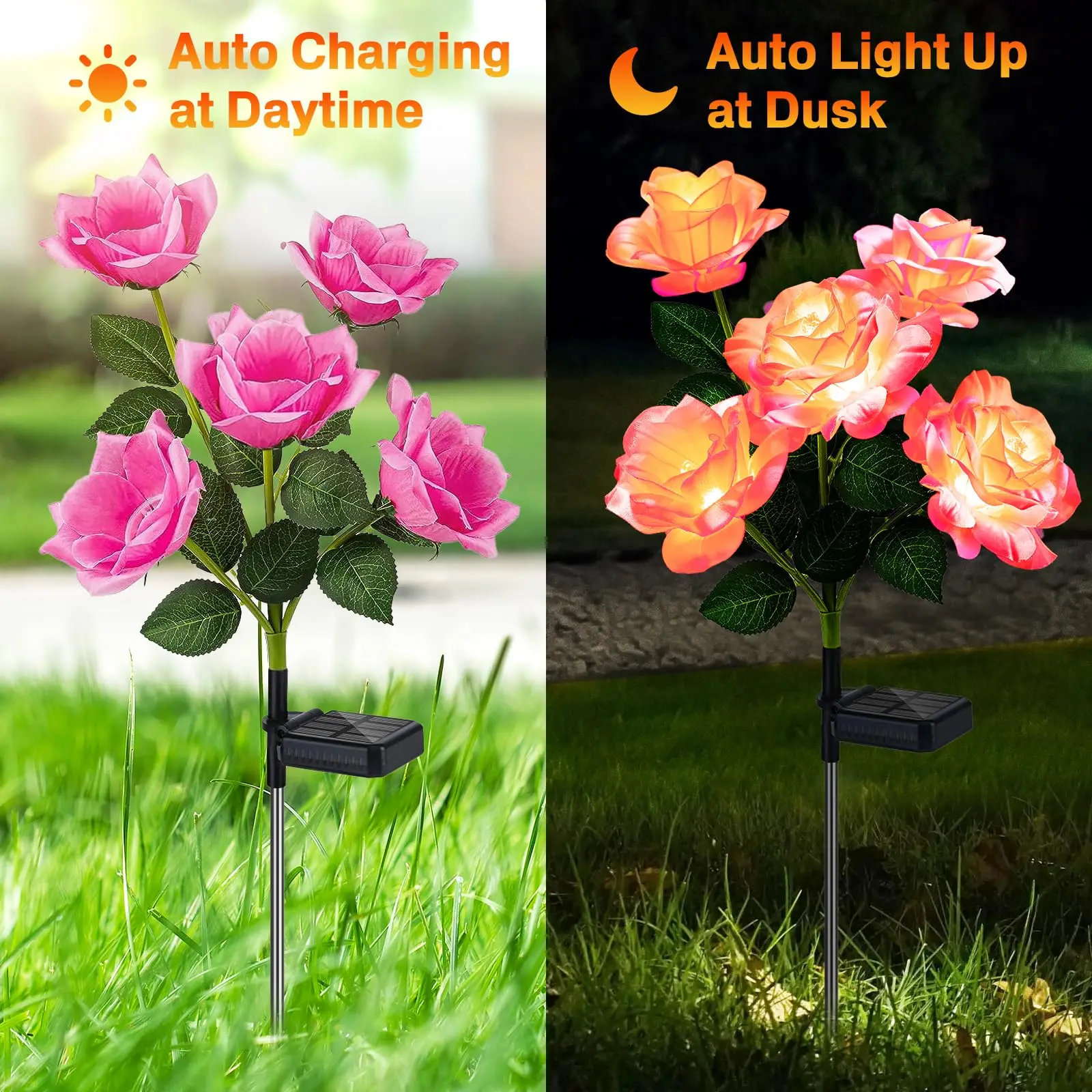 Solar Powered Flower Lights Realistic LED Roses for Outdoor Garden Lighting Patio Yard Decoration Waterproof Multicolor Changing