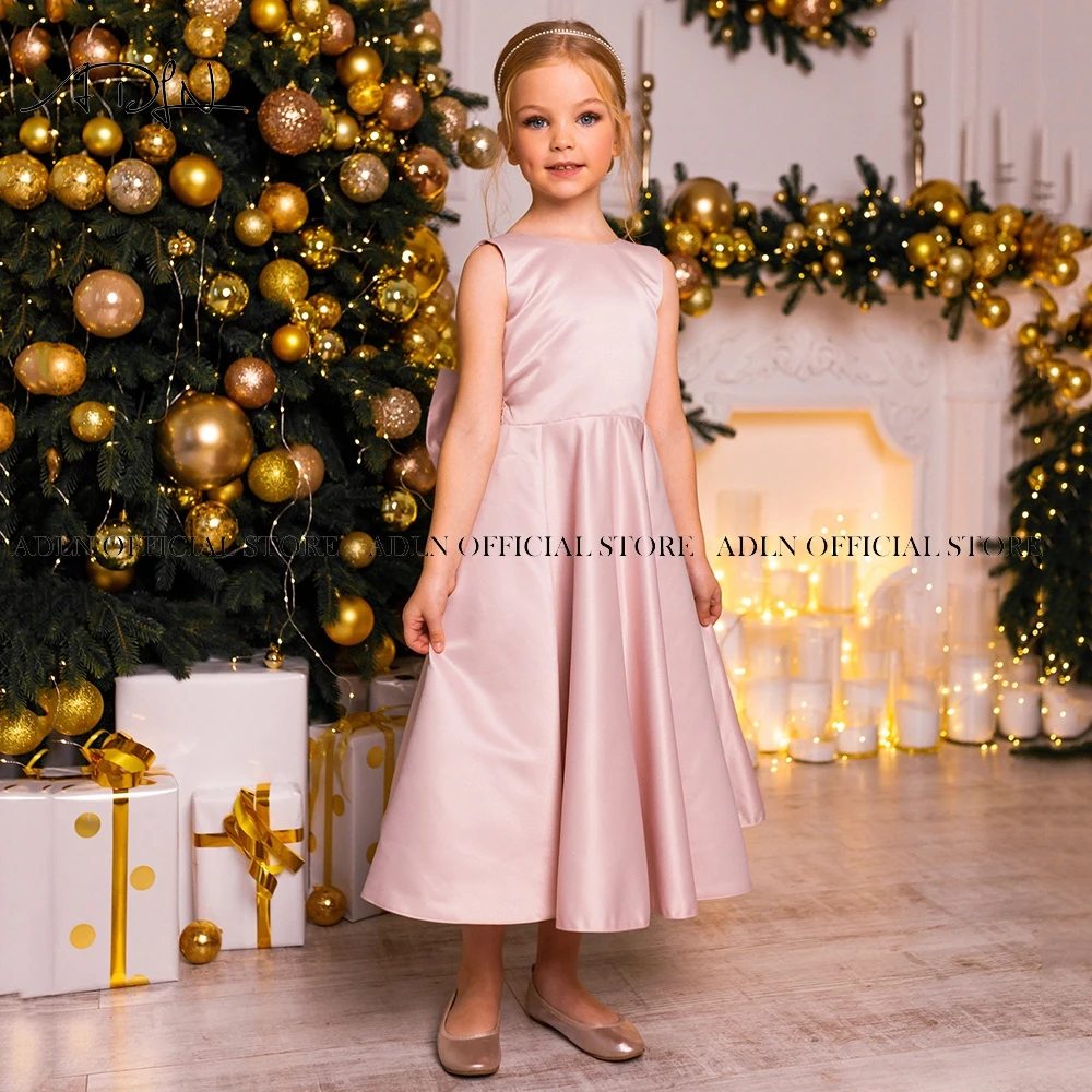 Adln jewel satin santamente primeira comunhão vestidos a linha vestido da menina flor até o chão sem costas rosa ano novo vestido de festa