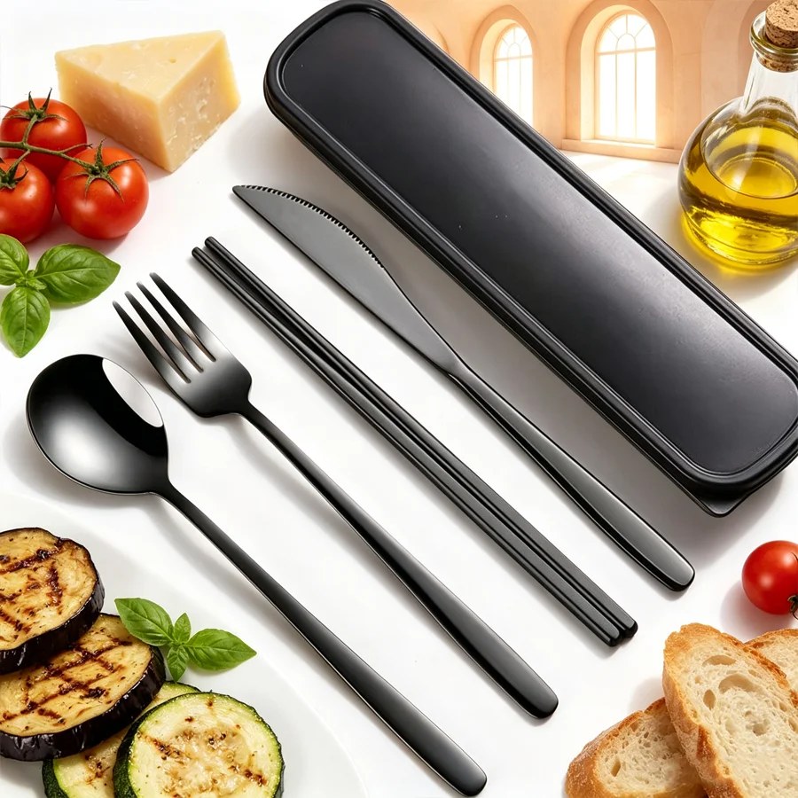 4-teiliges, tragbares Besteckset aus Edelstahl, bestehend aus einem Steakmesser, einer Gabel und einem Löffel im westlichen Stil, hochglanzpoliert, spülmaschinenfest.