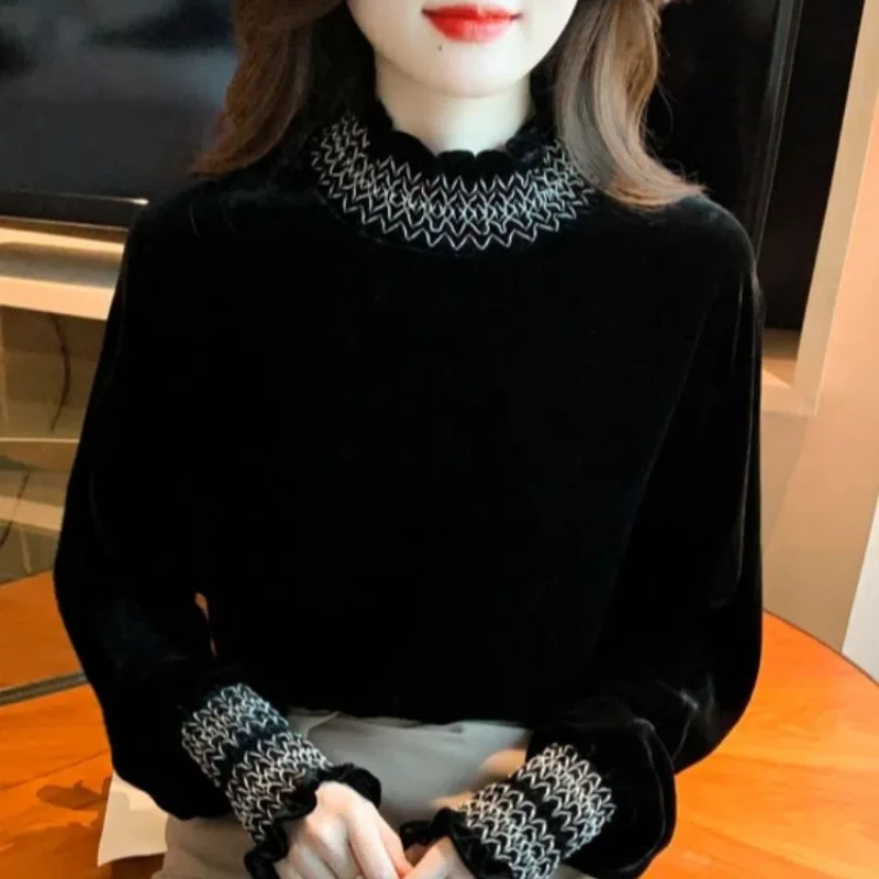 French Style Fashion Autumn Winter Women\'s Golden Velvet Mock Neck Patchwork Simplicity Office Lady Long Sleeve Loose Shirts Top