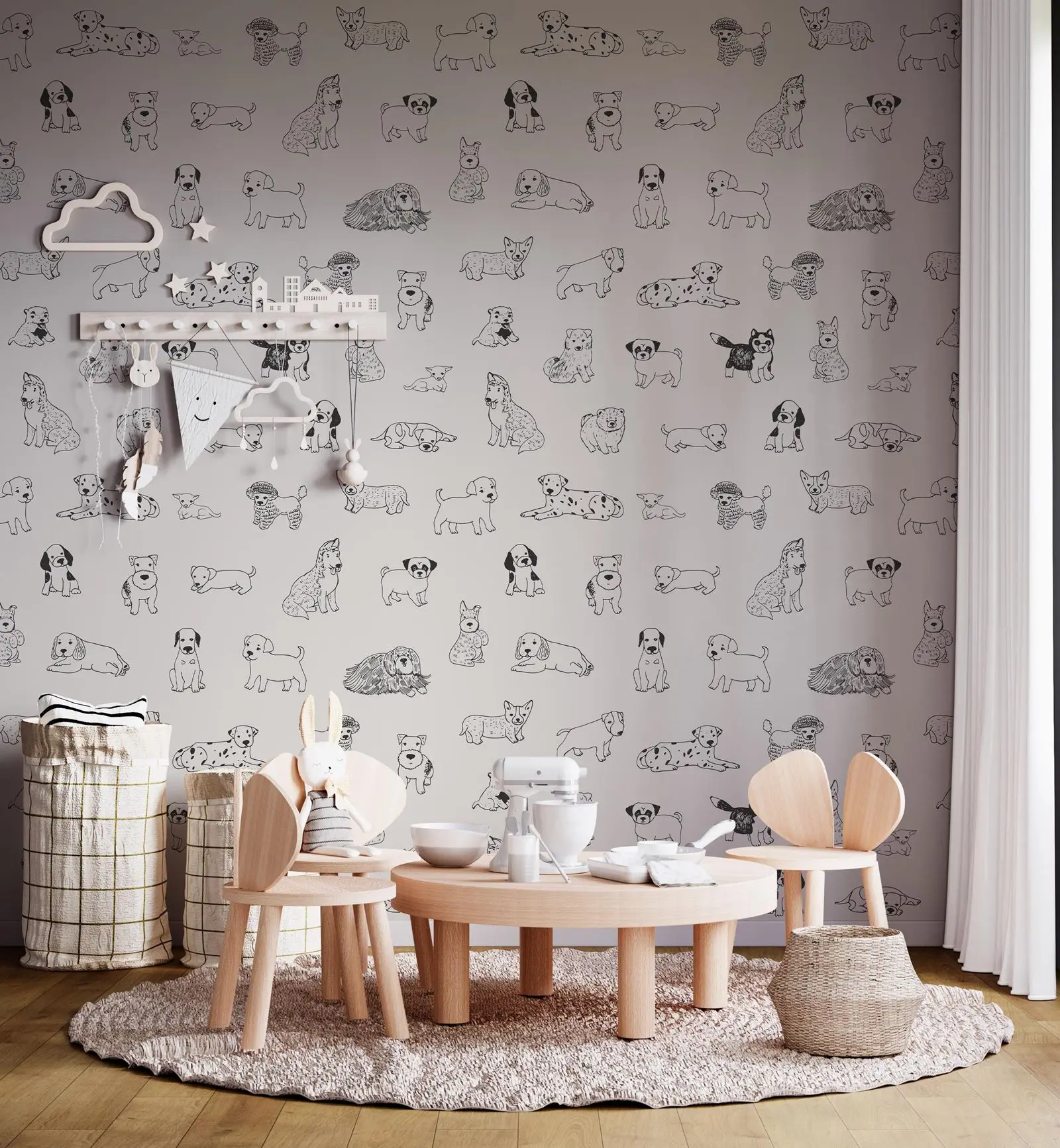 犬の剥がして貼る壁紙、かわいい取り外し可能な白黒の犬のスケッチ壁紙、保育園の子供部屋の装飾用、犬の壁アート紙