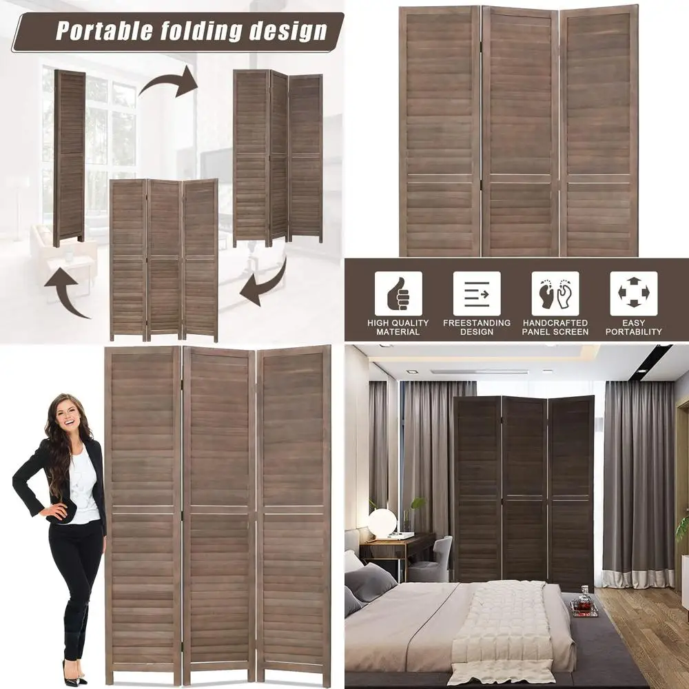 

3 Panel Tall Privacy Room Divider, 5.6ft Wood Partition for Home Office, Bedroom, Restaurant, Brown
