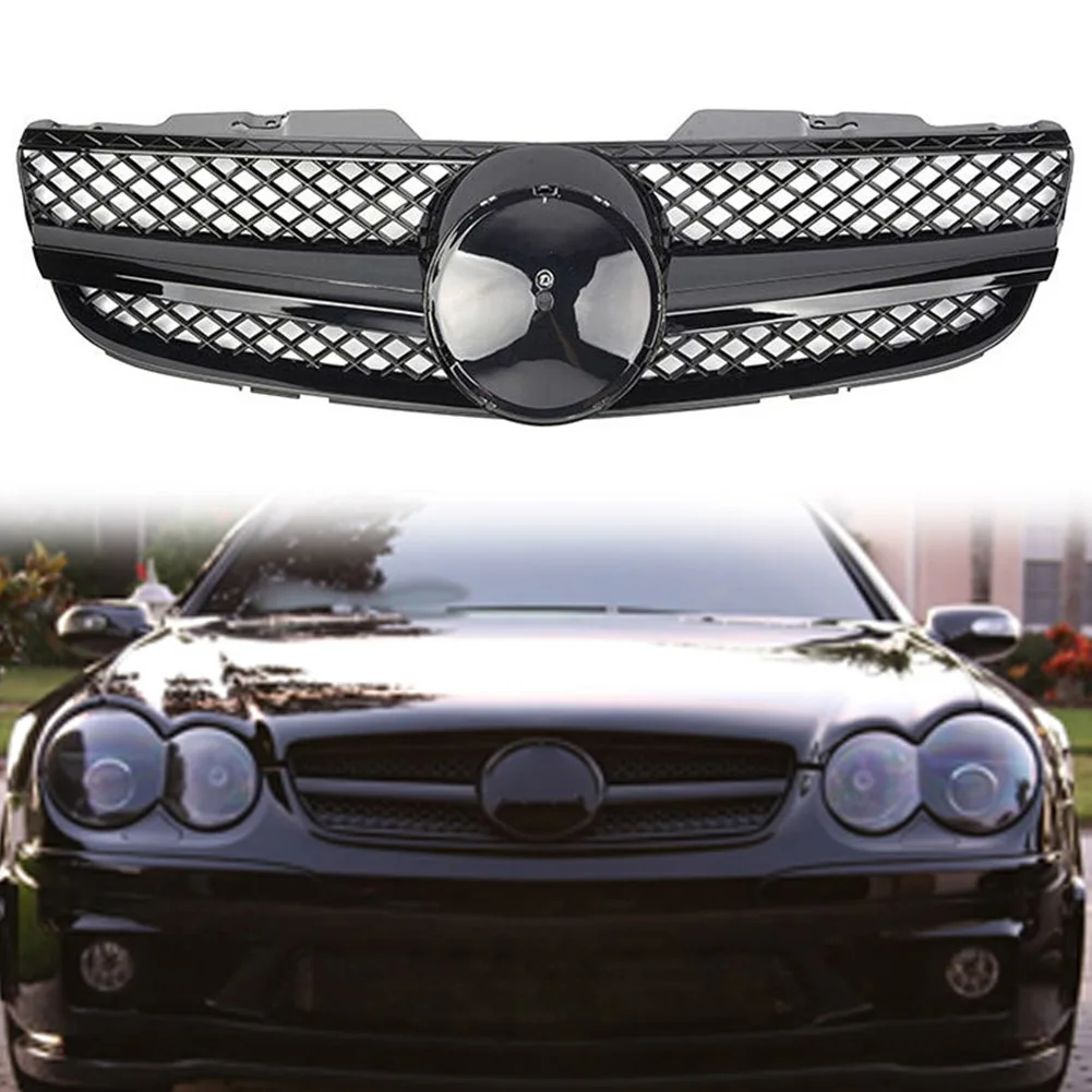 Gloss Black Car Front Grille Upper Grill 1Pin For Mercedes-Benz R230 SL-Class SL500 SL550 SL600 2007 2008 2009 ABS Plastic