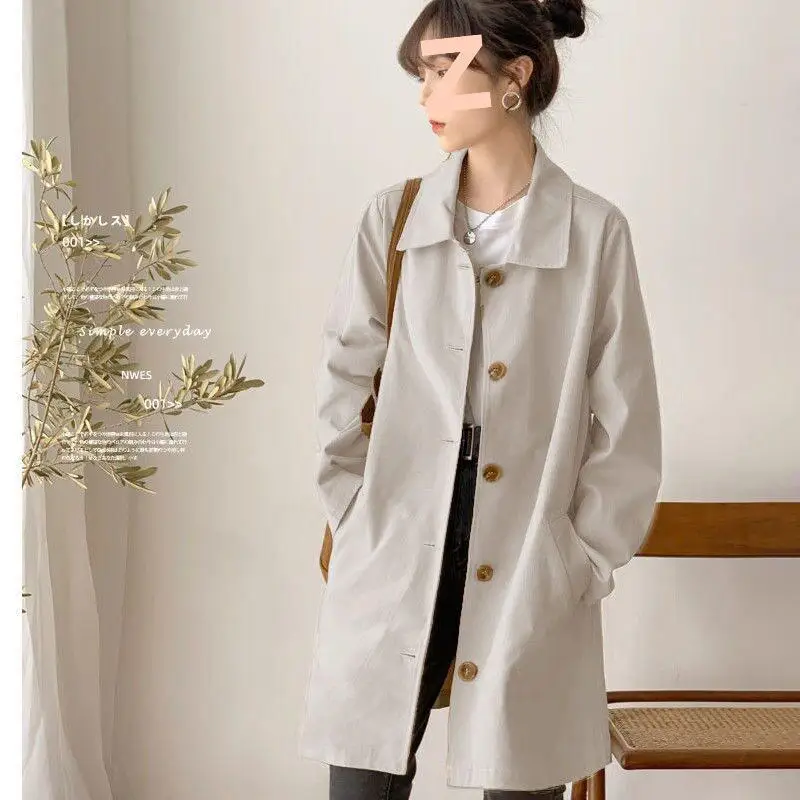 

Loose Women's Mid-Length Simple Autumn Jacket Korean Style Student Color Versatile Trendy Outerwear Pure Color Coat