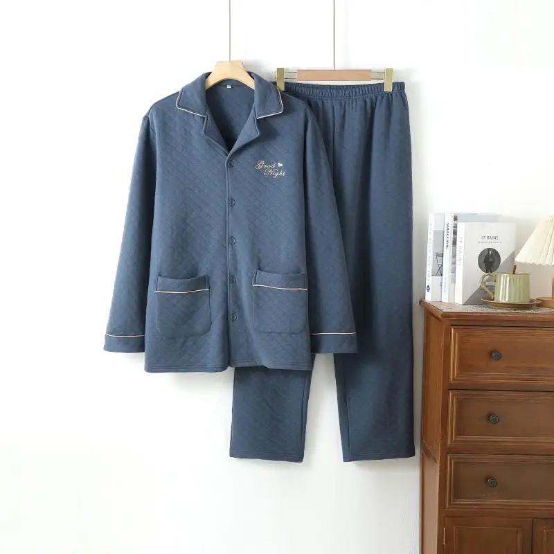 Men Thicken Cotton Pajamas Set Homewear Autumn Winter Warm Thick Loungewear Long Sleeves Lapel 2 Pcs Shirt&pants Sleepwear Suit