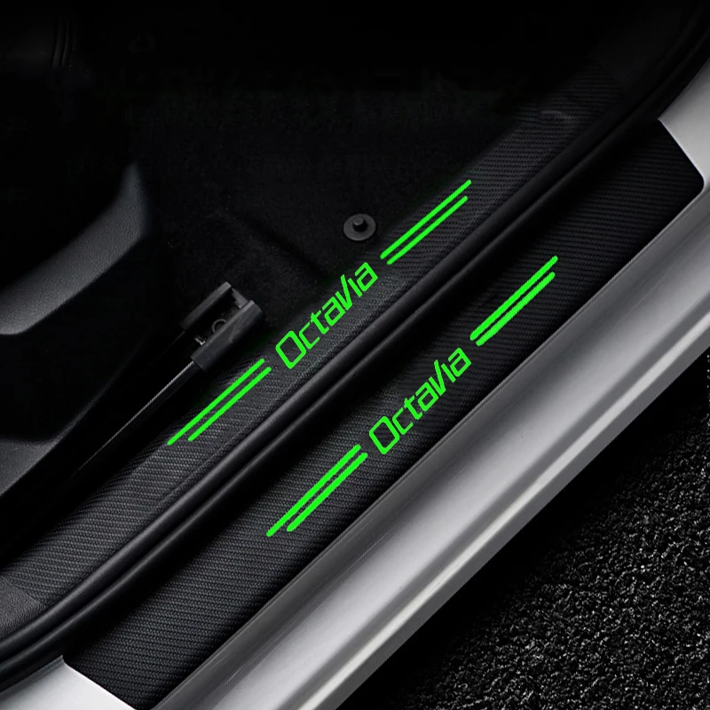 Luminous Carbon Fiber Stickers for Skoda Octavia Emblem Roomster Car Door Sill Threshold Tape Scuff Scratch Decals Accessories
