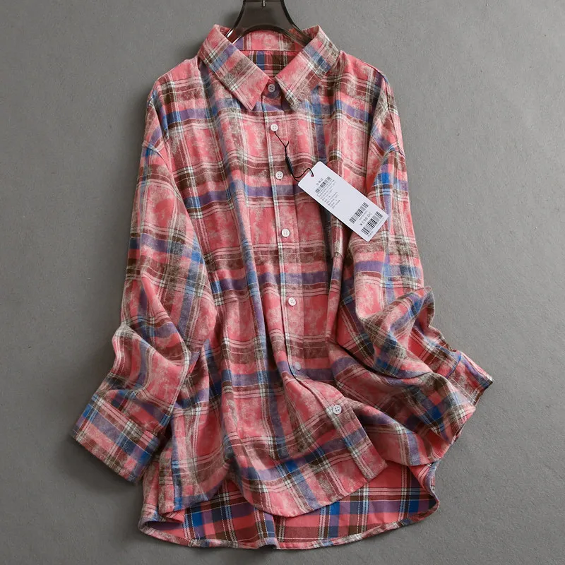 

SuperAen Fashion Pink Tie-dye Plaid Loose Casual Shirts 2026 Spring New Korean Style Vintage Long-sleeved Women's Shirts