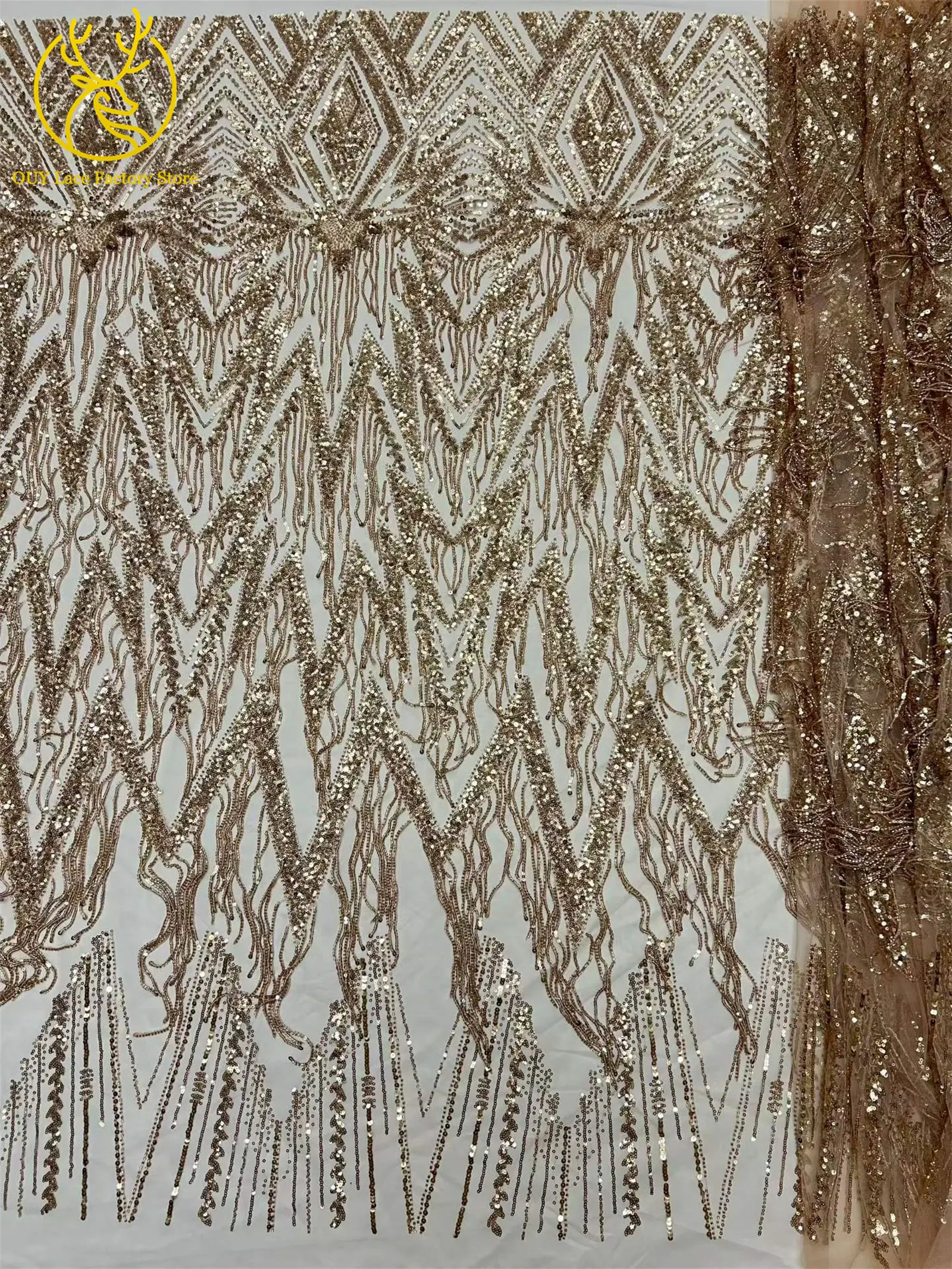 Luxuriöse französische goldene 3D-Hängeperlen-Spitze, hochwertiger afrikanischer Tüll-Pailletten-Spitzenstoff für nigerianische Hochzeitskleider zum Nähen – Detail 7