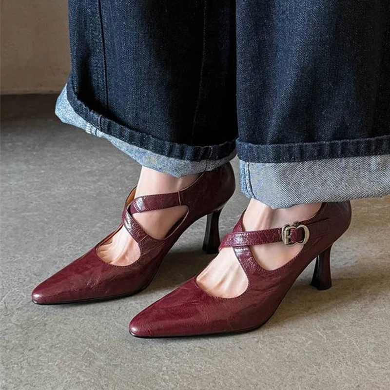 

Cross Tie Straps Women High Heeled Mary Jane Shoes Genuine Leather Strappy 8cm High Heels Sexy Pointy Party Office Dress RL04