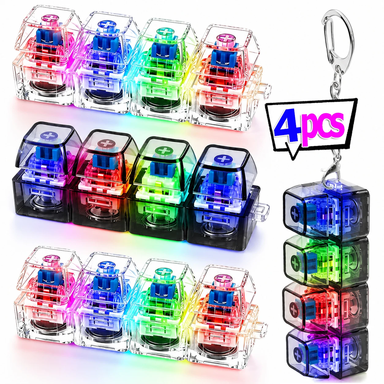 1-4Pcs Mechanical Keyboard Keychain 4-keys Anti Stress Clicker Keycap Decompression Desktop Button Office Gadget Gift for Adults
