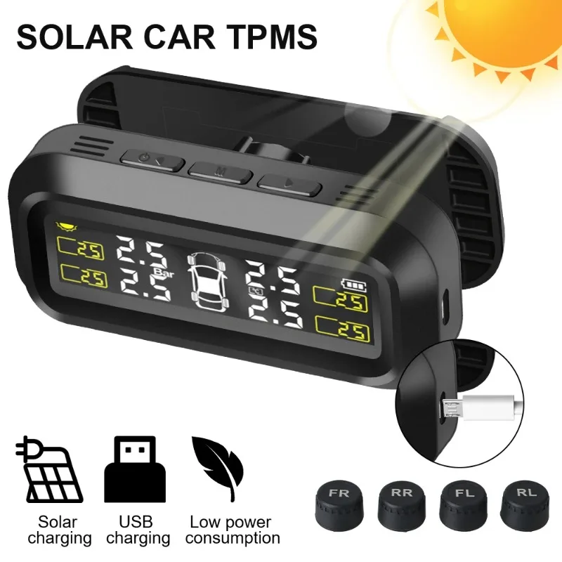 

Customizable Solar TPMS Tire Pressure Monitoring System Temperature Warning Fuel Save With 4 External Sensors Car Tyre Pressure