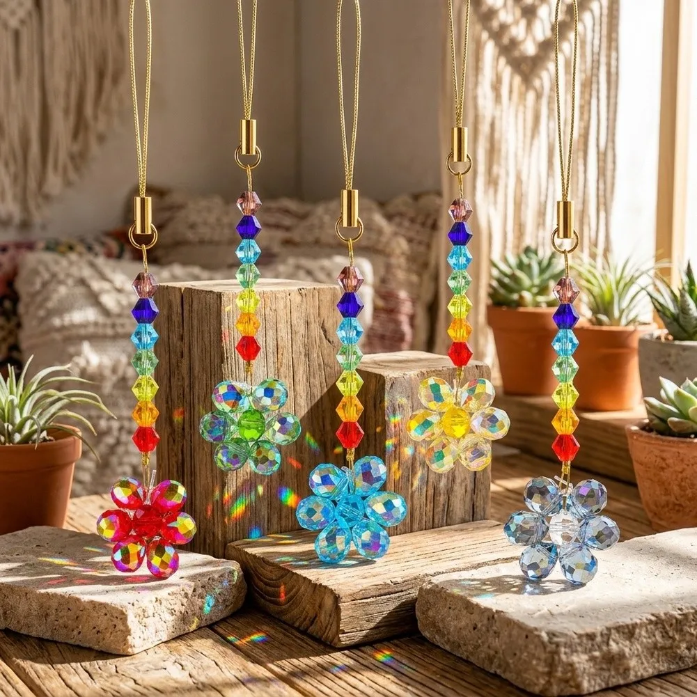 5pcs Colorful Sun Catchers Gemstone Beads Flower Design 13cm Suncatchers for Home Garden Window Tree Decoration