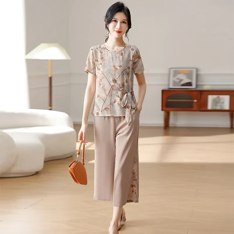 

Женский комплект из шифонового топа и брюк с цветочным принтом для женщин среднего возраста, повседневный свободный костюм из двух предметов