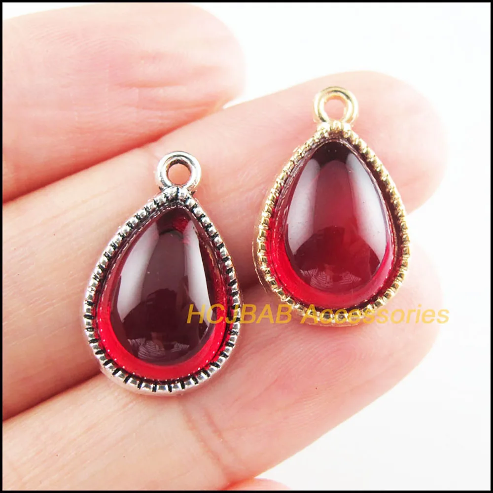 

10Pcs Tibetan Silver Tone & Gold Color Teardrop Flower Red Glaze Charms Pendants 13x19.5mm