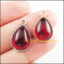 10Pcs Tibetan Silver Tone & Gold Color Teardrop Flower Red Glaze Charms Pendants 13x19.5mm